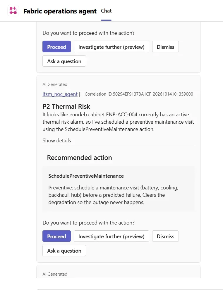 A Teams operations-agent message showing a recommended maintenance action and approval choices.